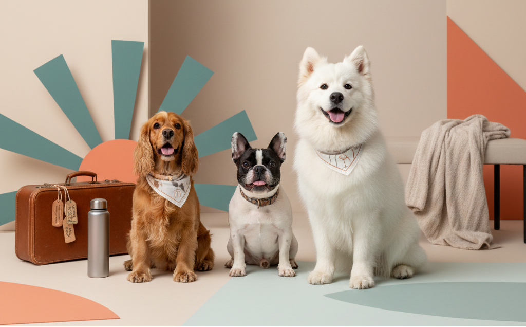 Three dogs sitting on a colorful floor with geometric shapes in the background